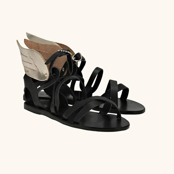 Ancient Greek Sandals Shoes - Ancient Greek Sandals Nephele Winged Open Toe Shoes Leather Black Silver Size 7